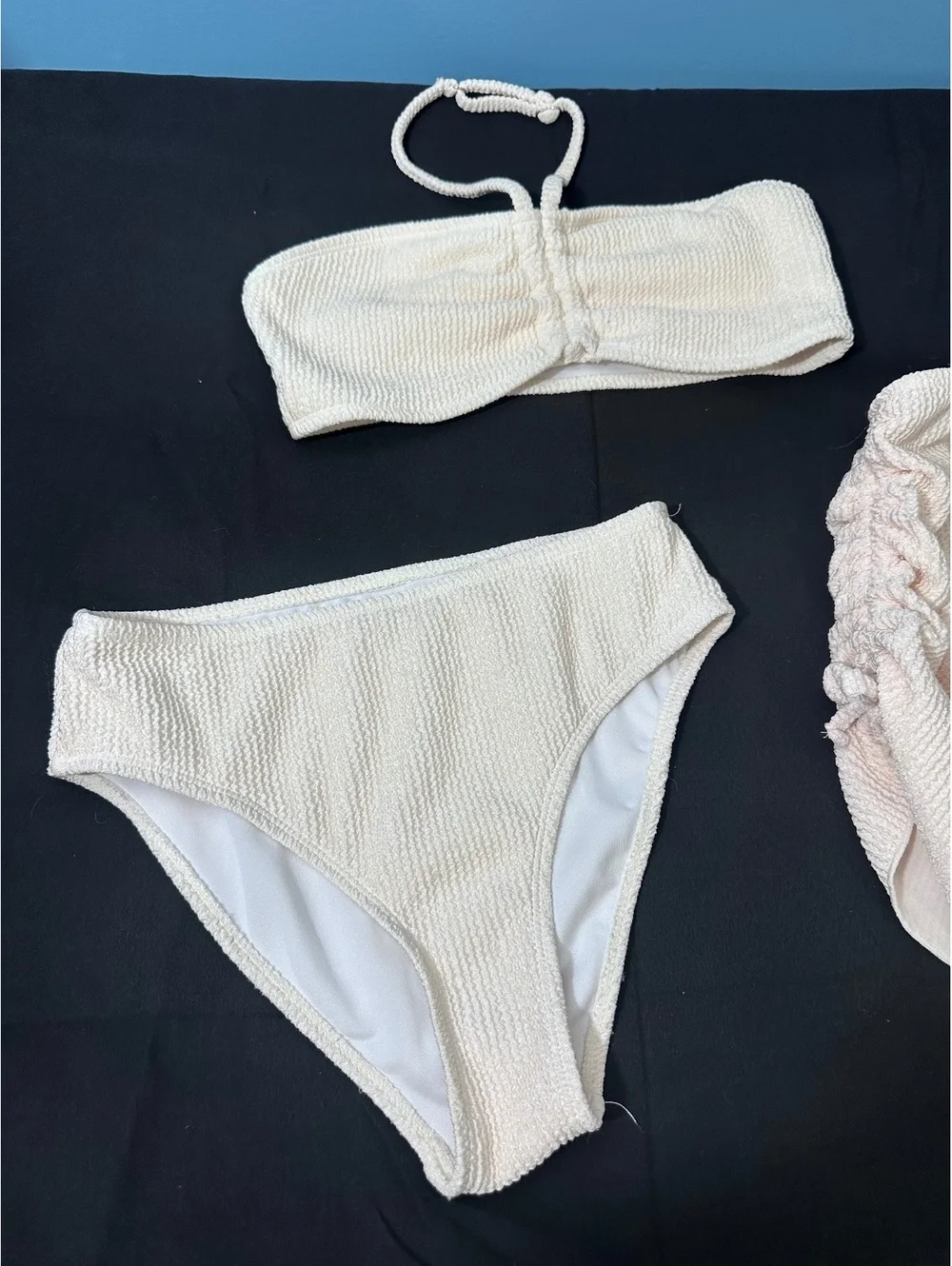 Girls' 3-Piece Ivory Textured Bikini Set with Ruched Skirt Cover-Up Size 12Y